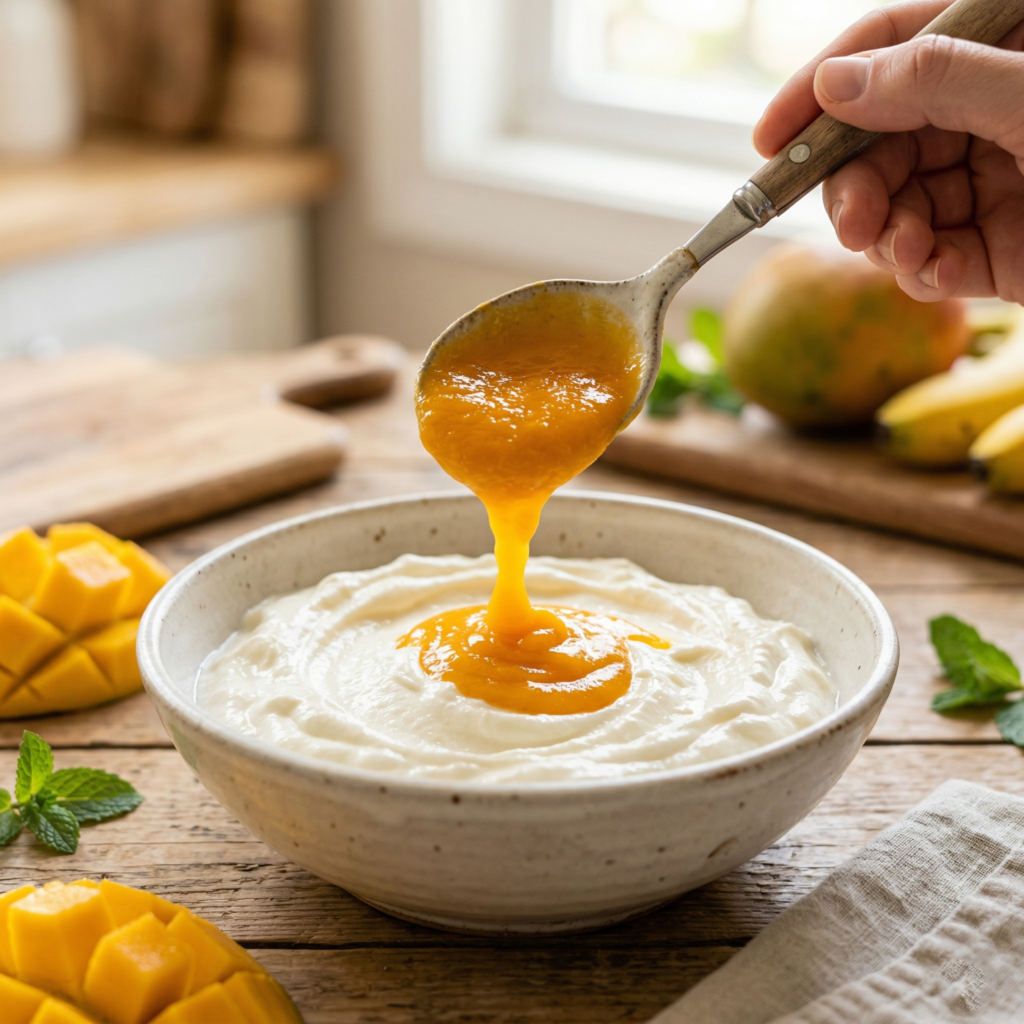 દહીંમાં કેરીનો pulp ઉમેરવાની પ્રક્રિયા – કેરીનો શીખંડ રેસીપી ગુજરાતી