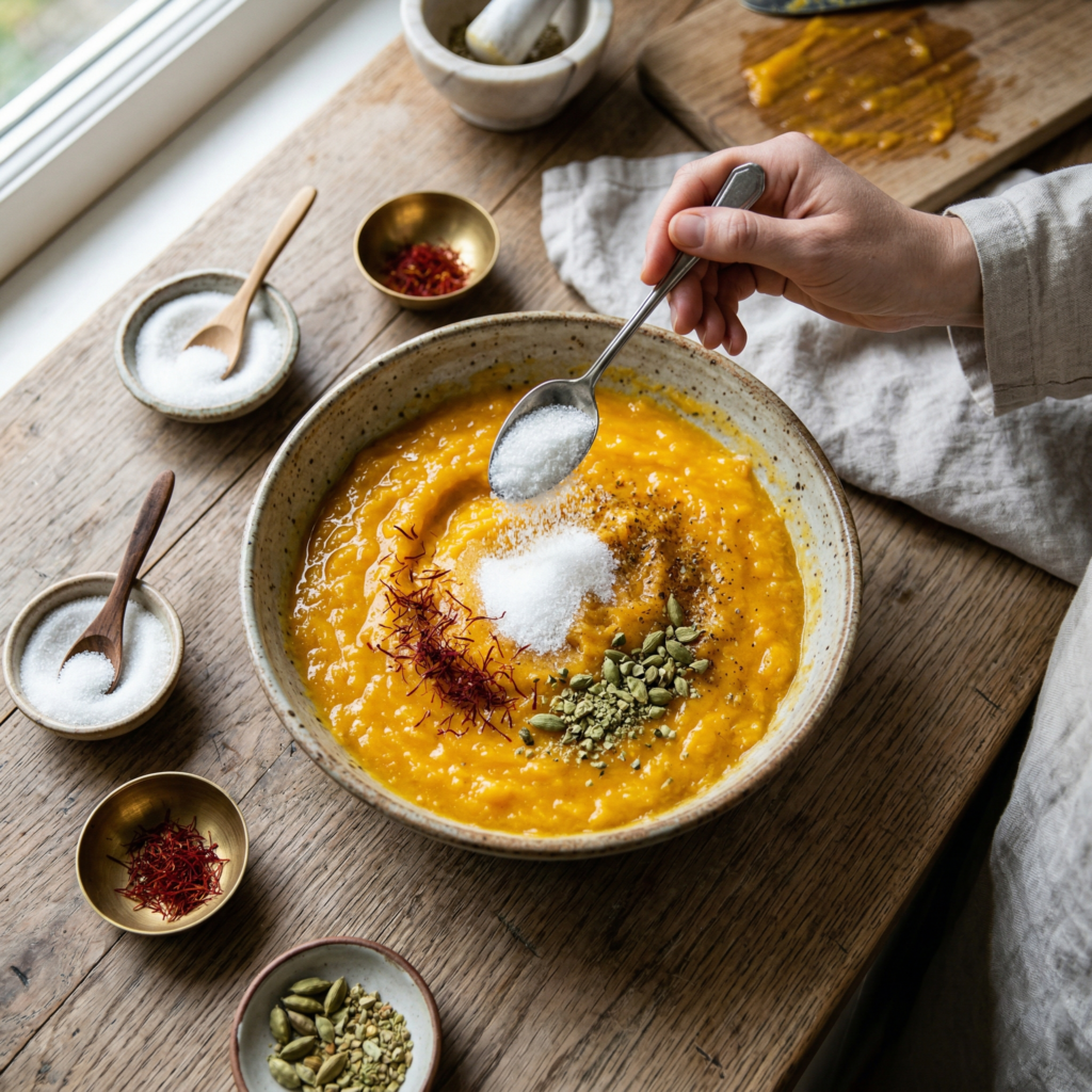 ખાંડ, કેસર અને એલચી ઉમેરવાની રીત – કેરીનો શીખંડ રેસીપી ગુજરાતી