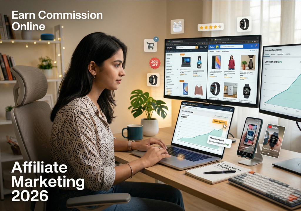 Digital marketer promoting products online with affiliate dashboard and commission earnings from Amazon and Flipkart