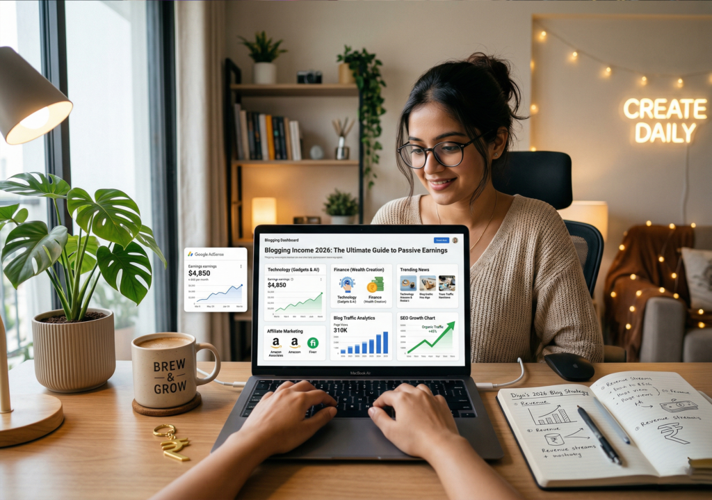 Blogger writing article on laptop with SEO dashboard and Google AdSense earnings graph showing passive income growth