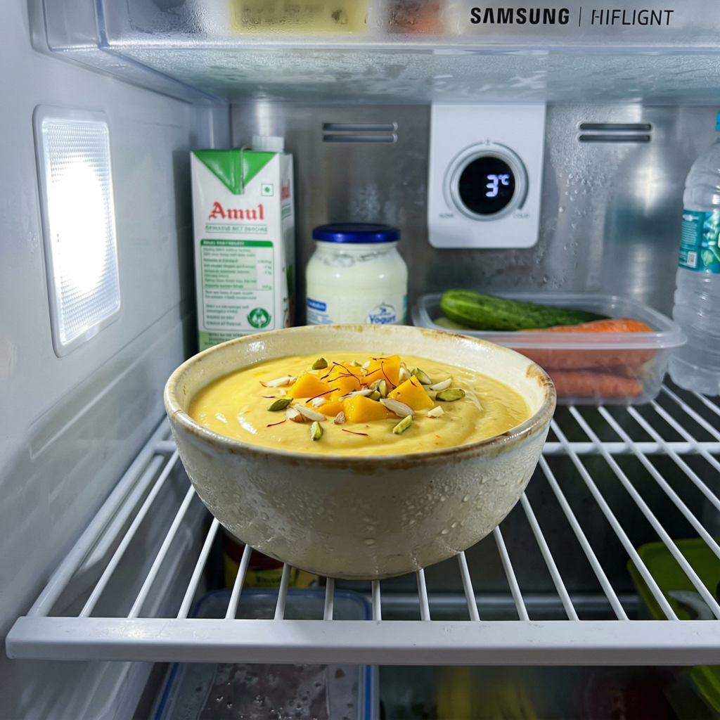 શીખંડને ફ્રિજમાં ઠંડુ કરવાનું – કેરીનો શીખંડ રેસીપી ગુજરાતી