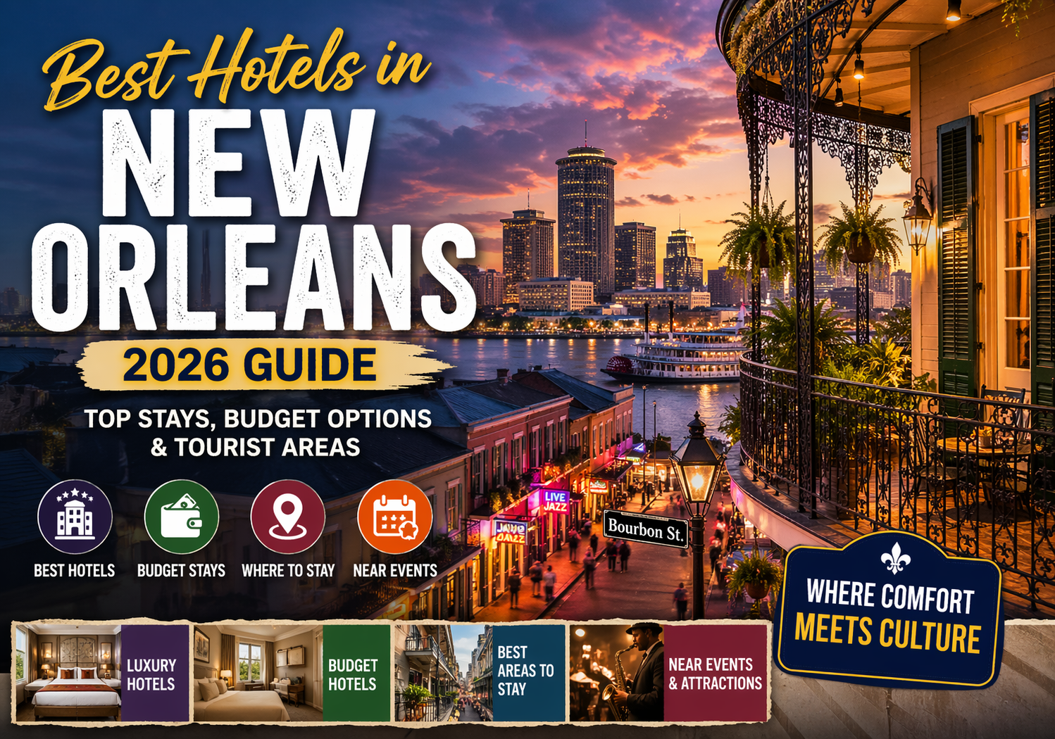 Best Hotels in New Orleans 2026 luxury and budget stay options city skyline view with hotel buildings