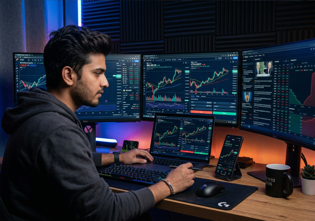 Young trader analyzing stock market and crypto charts on multiple screens showing risk and investment strategy