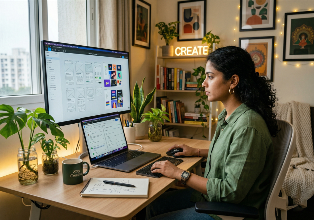 Gen Z freelancer working on laptop with graphic design and UI UX projects in modern workspace earning money online