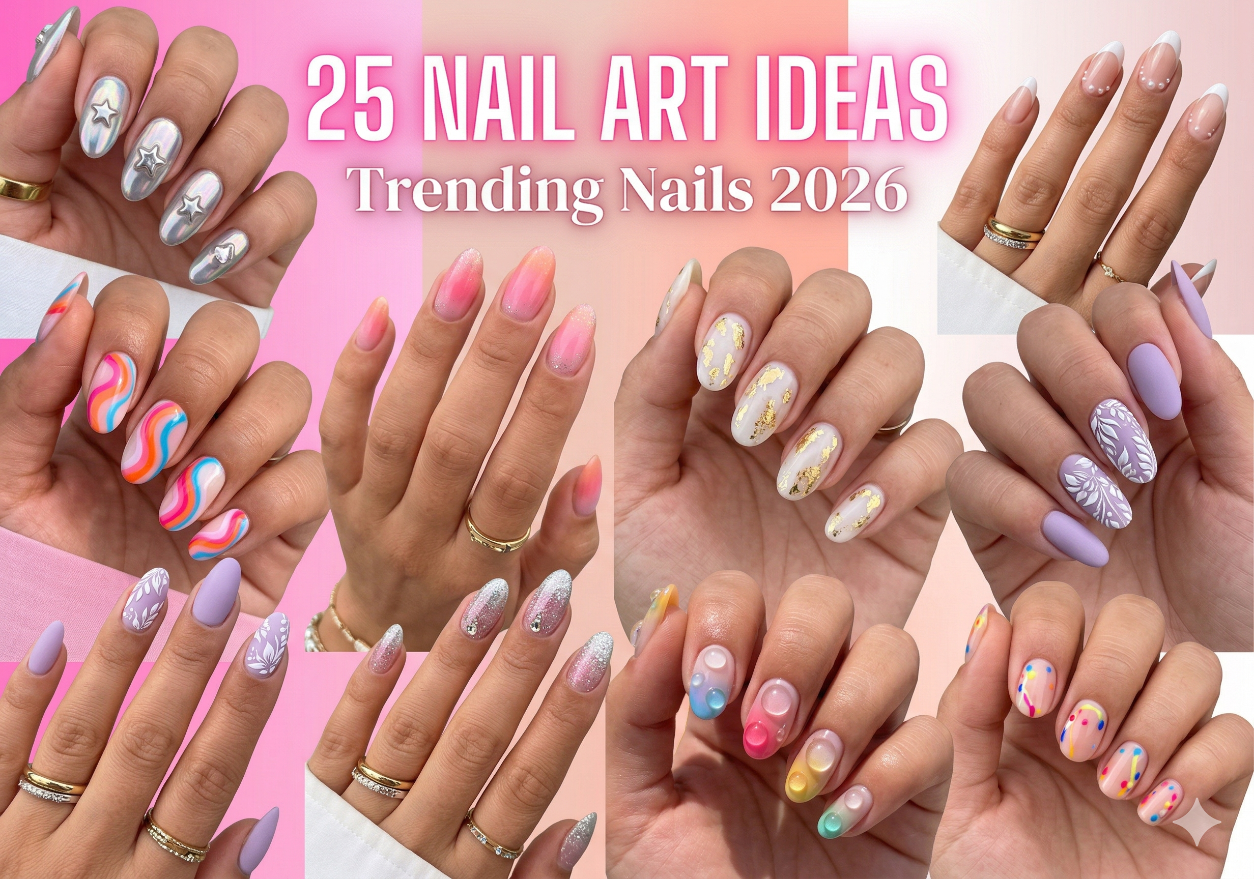 Nail art trends 2026 featuring chrome nails, glazed donut nails and trendy nail designs