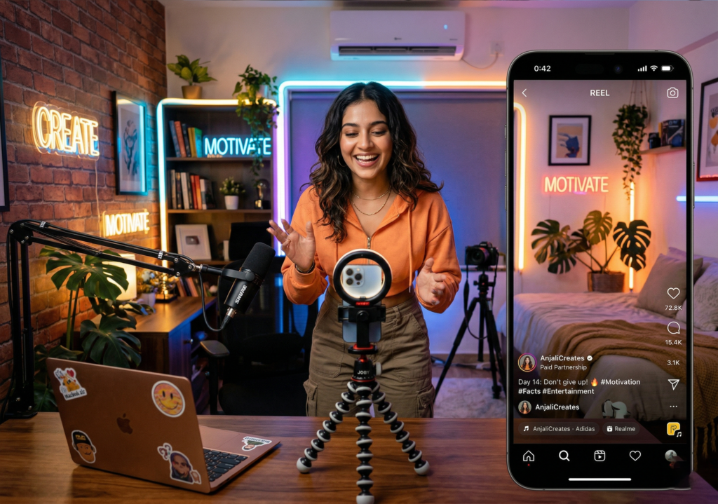 Gen Z creator making Instagram reels with smartphone and ring light showing viral content creation and brand deals