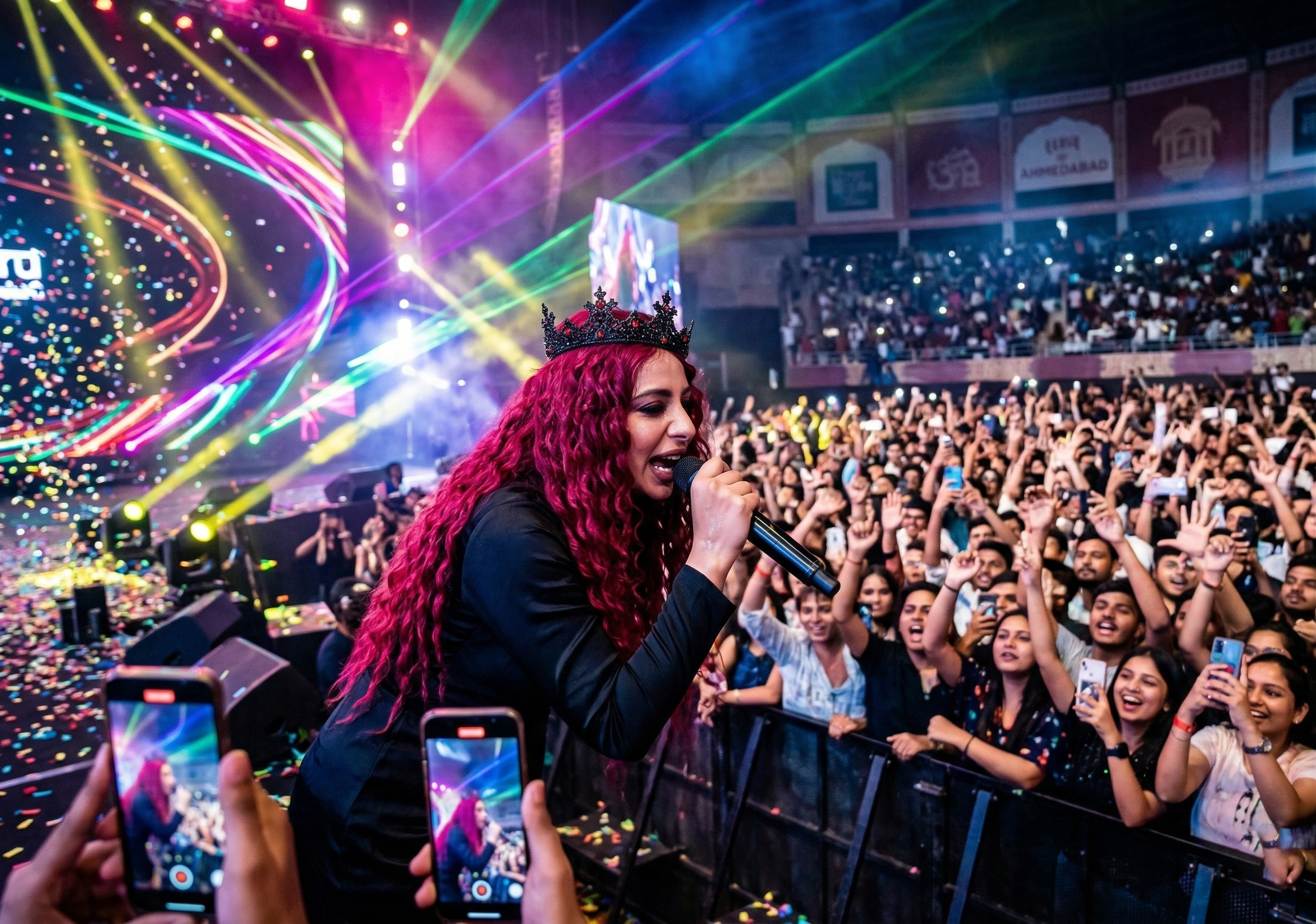Jasmine Sandlas performing live on stage in Ahmedabad 2026 with colorful lights and cheering crowd.