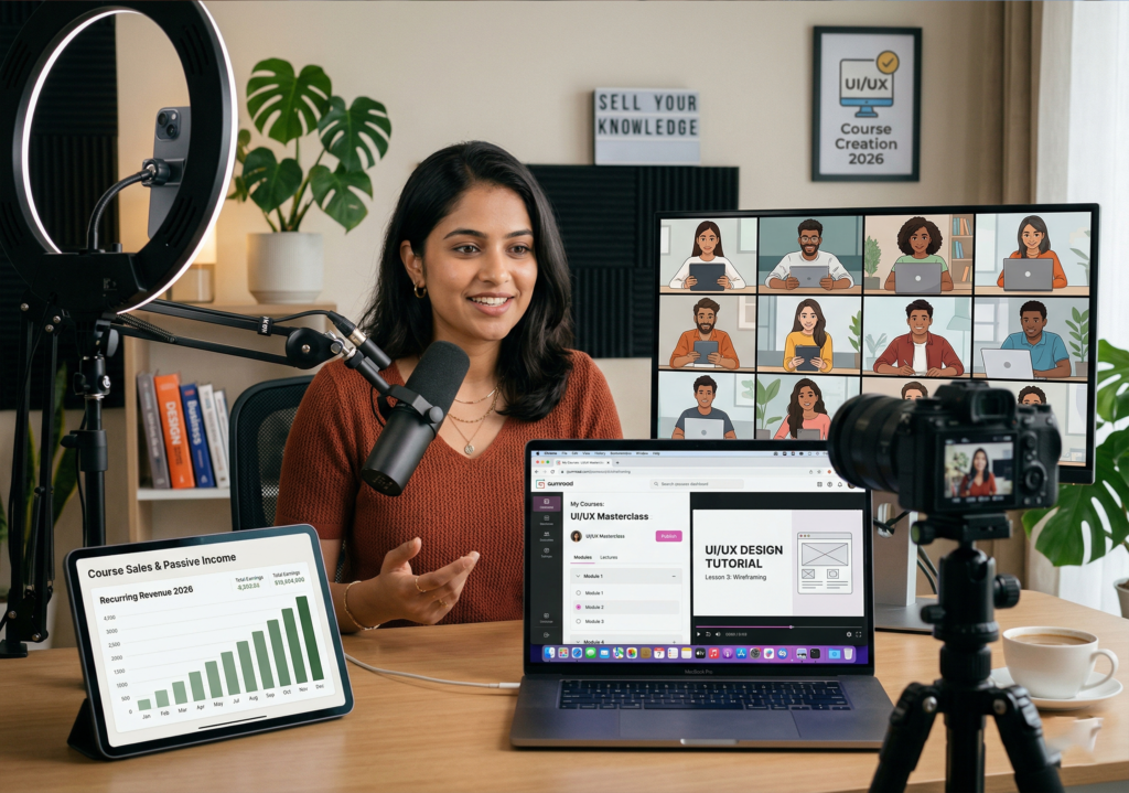 Online educator recording course video with laptop and camera showing passive income from digital courses