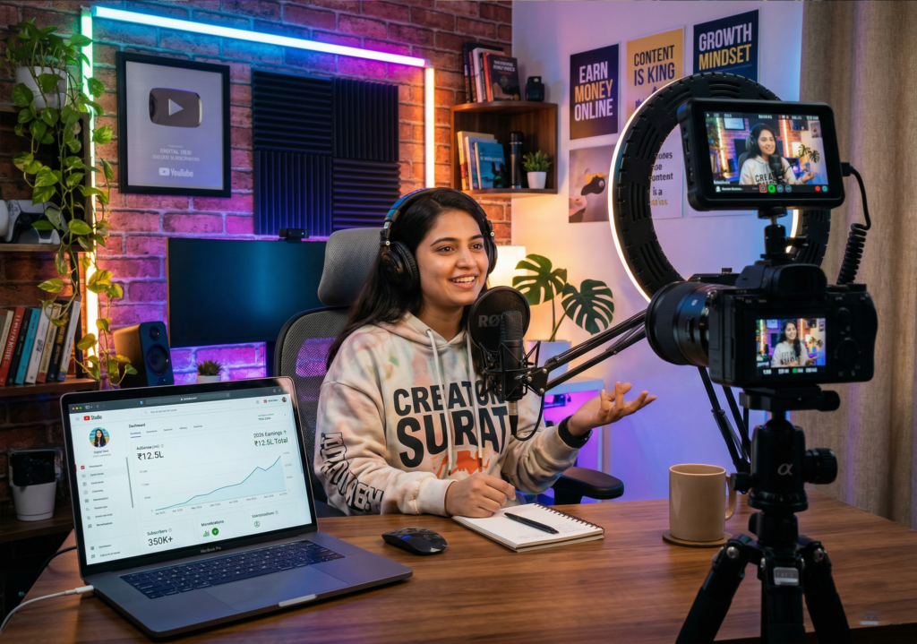 Young YouTube creator recording video with camera ring light and editing setup showing content creation and monetization