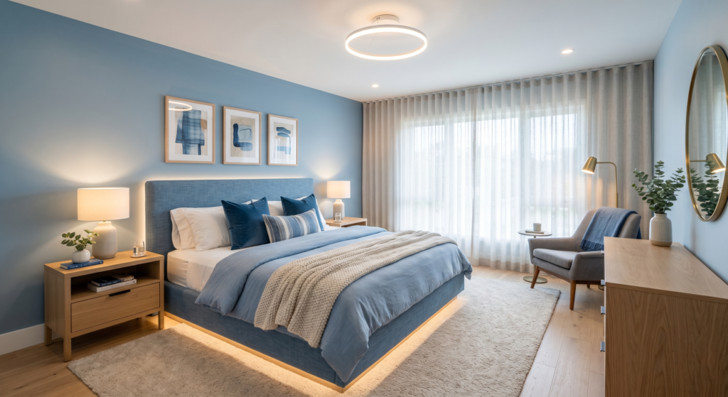 Futuristic smart bedroom with automated lighting and modern technology