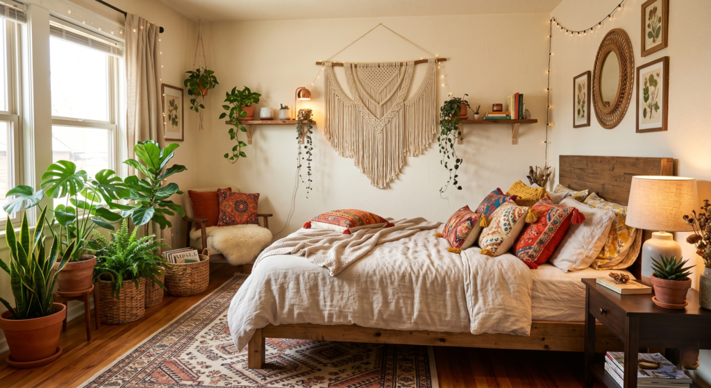 Boho style bedroom with colorful decor and artistic aesthetic