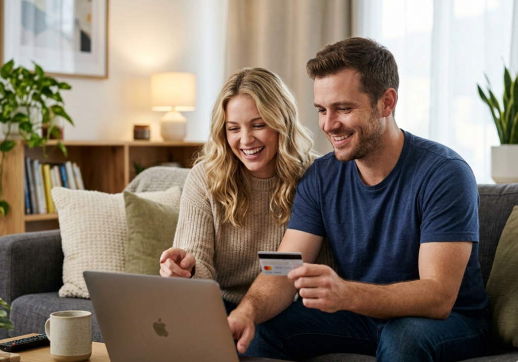 “Young American couple smiling while using a credit card and laptop at home in a modern living room”