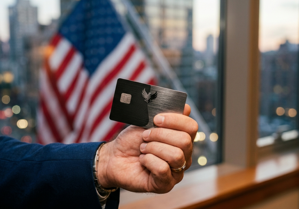 Close-up of a hand holding a premium credit card with a blurred US flag background