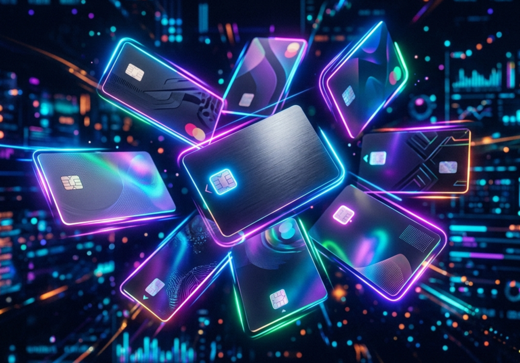 Multiple stylish credit cards floating with glowing effect on a dark background, modern fintech concept