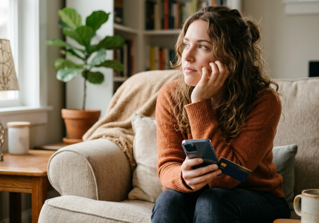 Young American woman thinking while holding a credit card and mobile phone at home