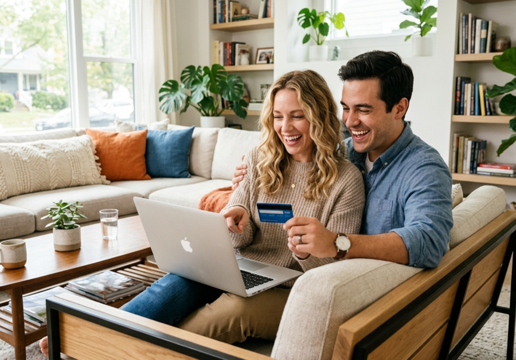 Young American woman holding a credit card and mobile phone while thinking about online payment at home