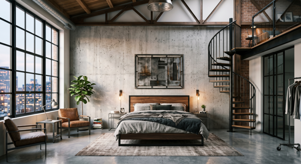 Industrial style bedroom with concrete wall and modern loft design