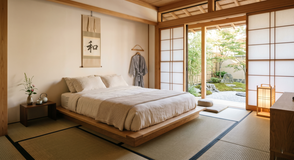 Japanese zen bedroom with minimal design and peaceful atmosphere