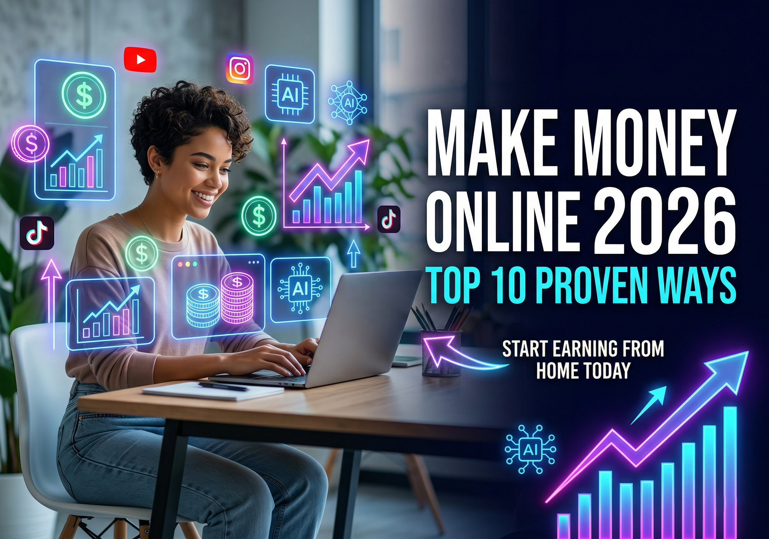 How to make money online in 2026 banner showing digital income ideas, laptop workspace, and growth chart