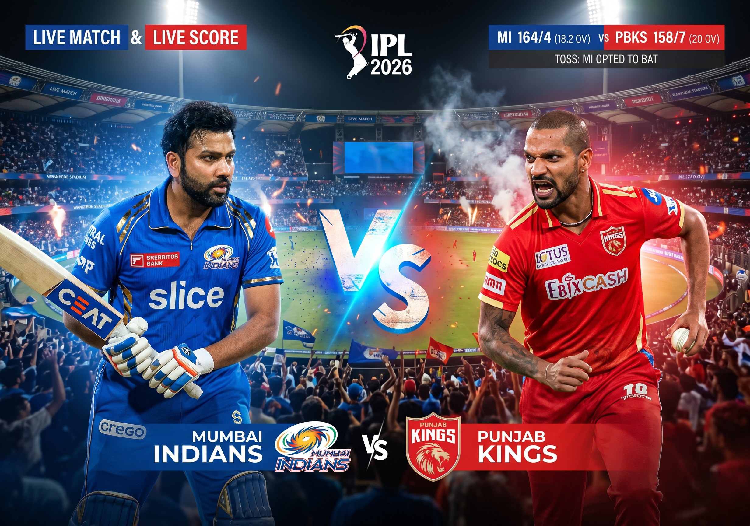 MI vs PBKS IPL 2026 live score banner featuring Mumbai Indians vs Punjab Kings match at Wankhede Stadium, Mumbai with live match atmosphere and VS face-off.