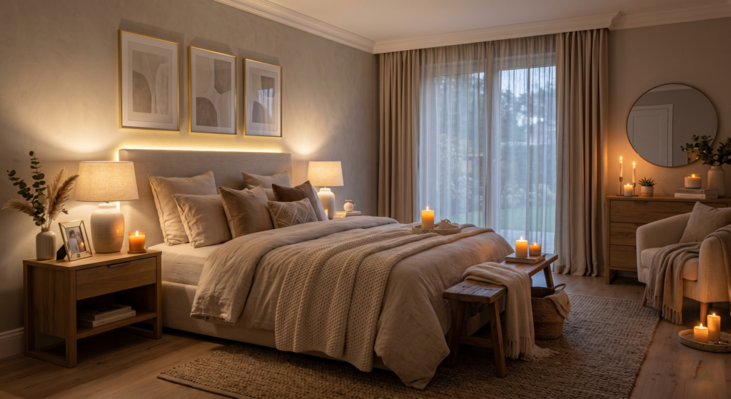 Modern romantic couple bedroom with soft lighting and cozy setup