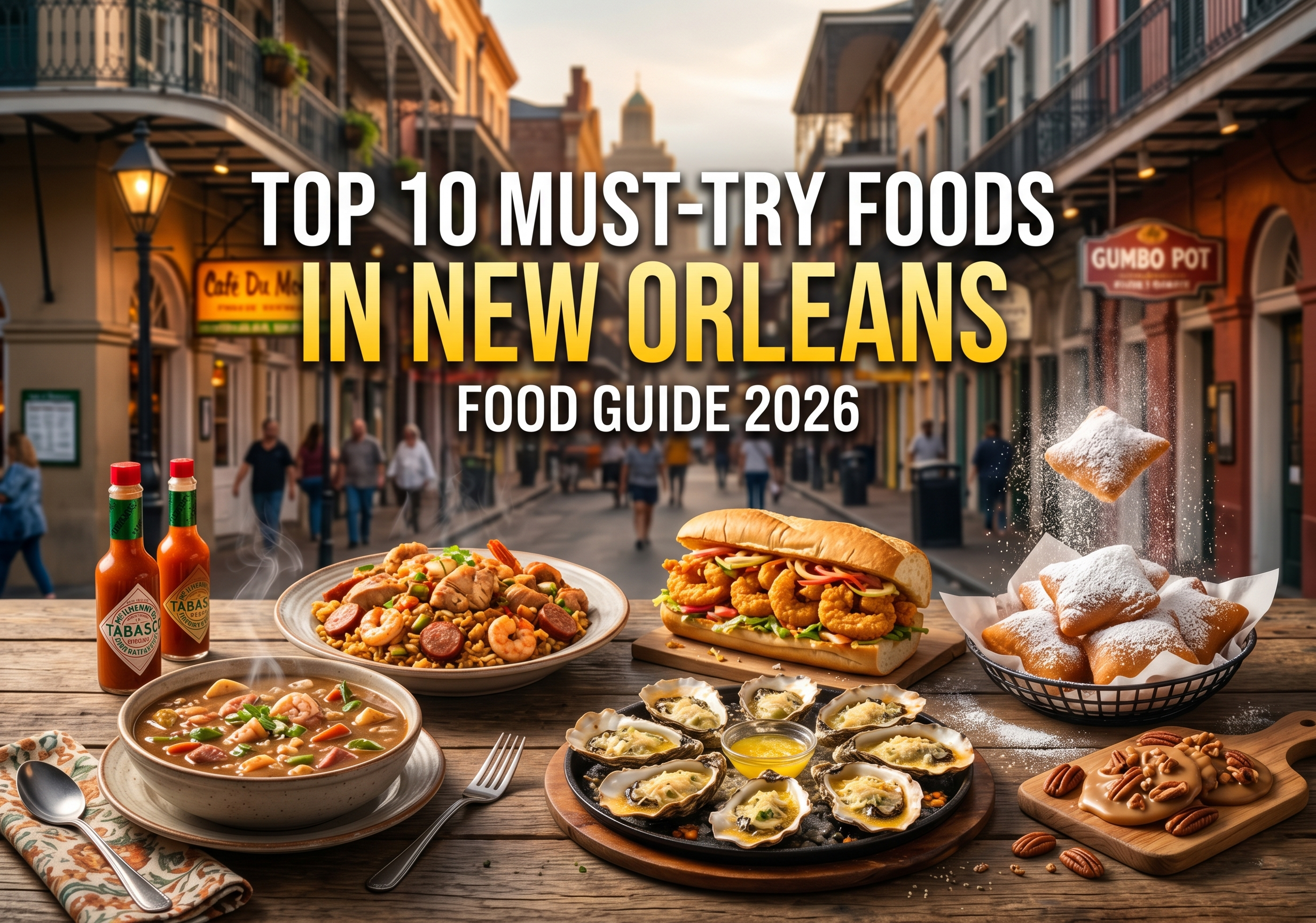 Must-try foods in New Orleans including gumbo, jambalaya and beignets