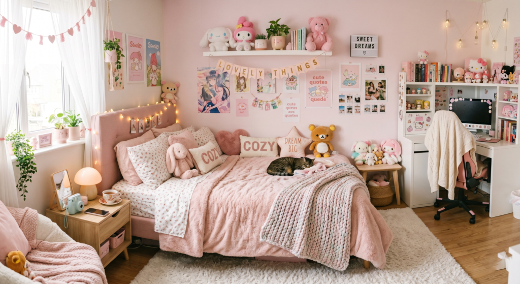Cute pink soft girl bedroom with pastel colors and cozy decor