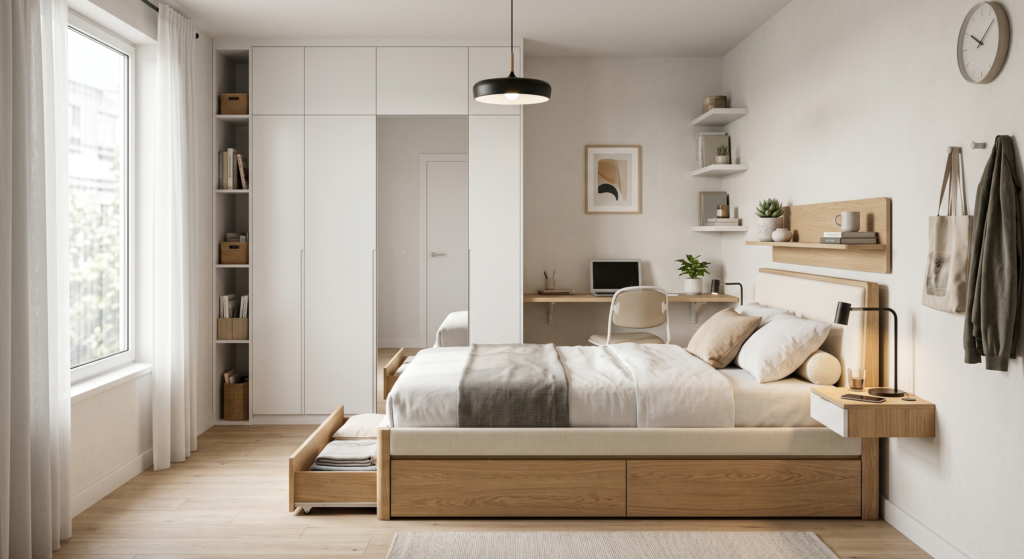 Modern minimalist white bedroom design with clean aesthetic and natural light